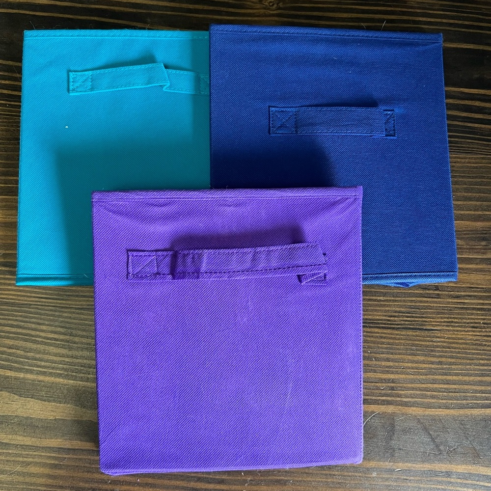 Set of Three Fabric Storage Bins in Blue, Teal, and Purple